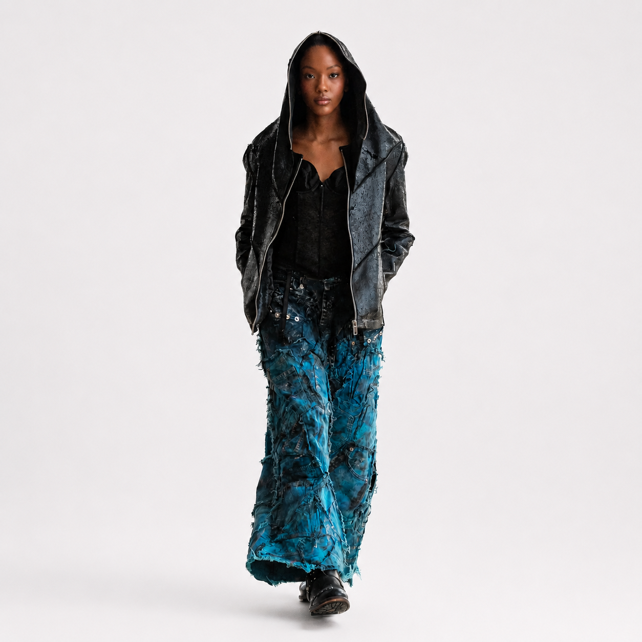 Wearable Ruins Blue Shredded Denim Wide Leg Colored Pants