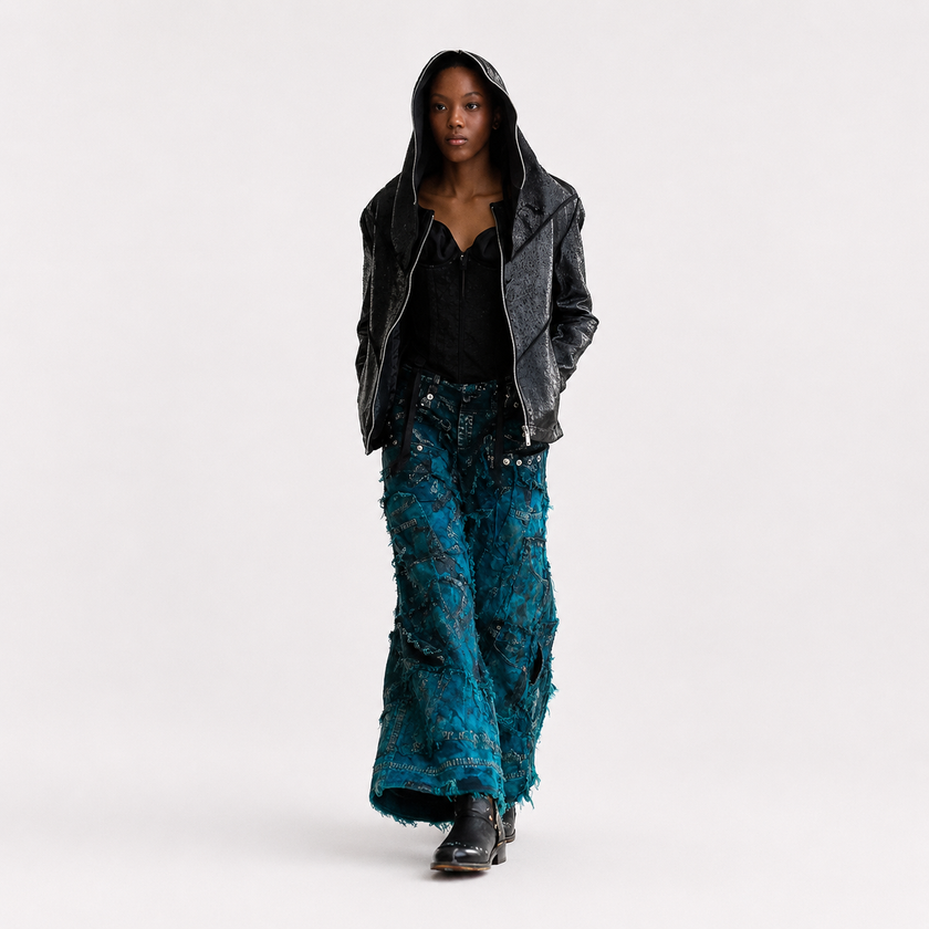 Wearable Ruins Blue Shredded Denim Wide Leg Colored Pants
