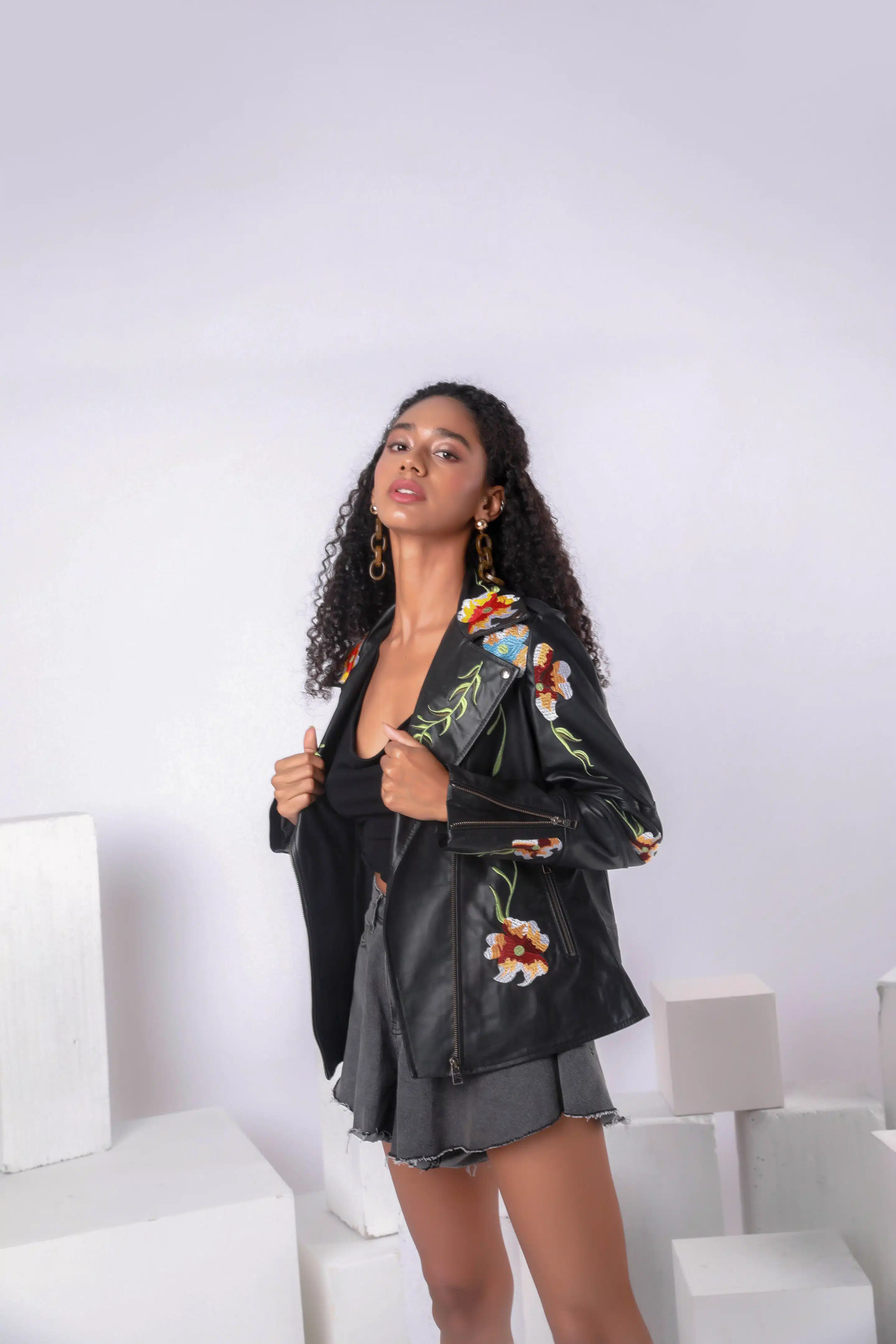 FLOWER WINE BLACK EMBROIDERED LEATHER JACKET - MINDFUL