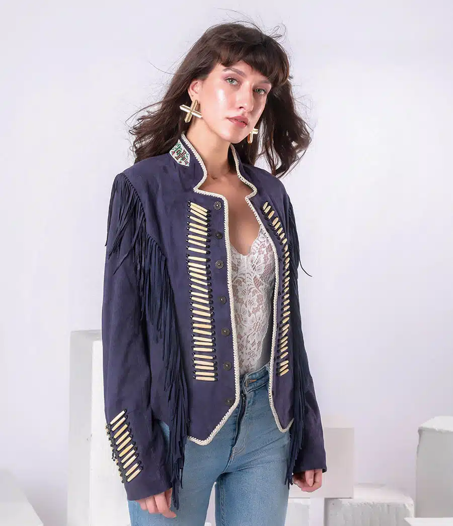 WARRIOR BLUE SUEDE JACKET WITH FRINGES AND BEATS