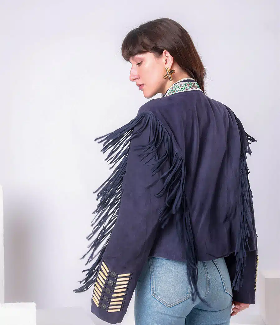 WARRIOR BLUE SUEDE JACKET WITH FRINGES AND BEATS - MINDFUL