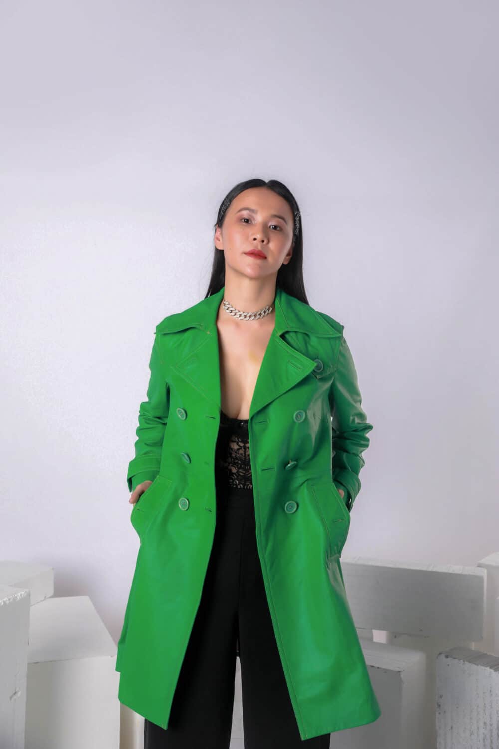 GREEN GHOST LEATHER TRENCH COAT