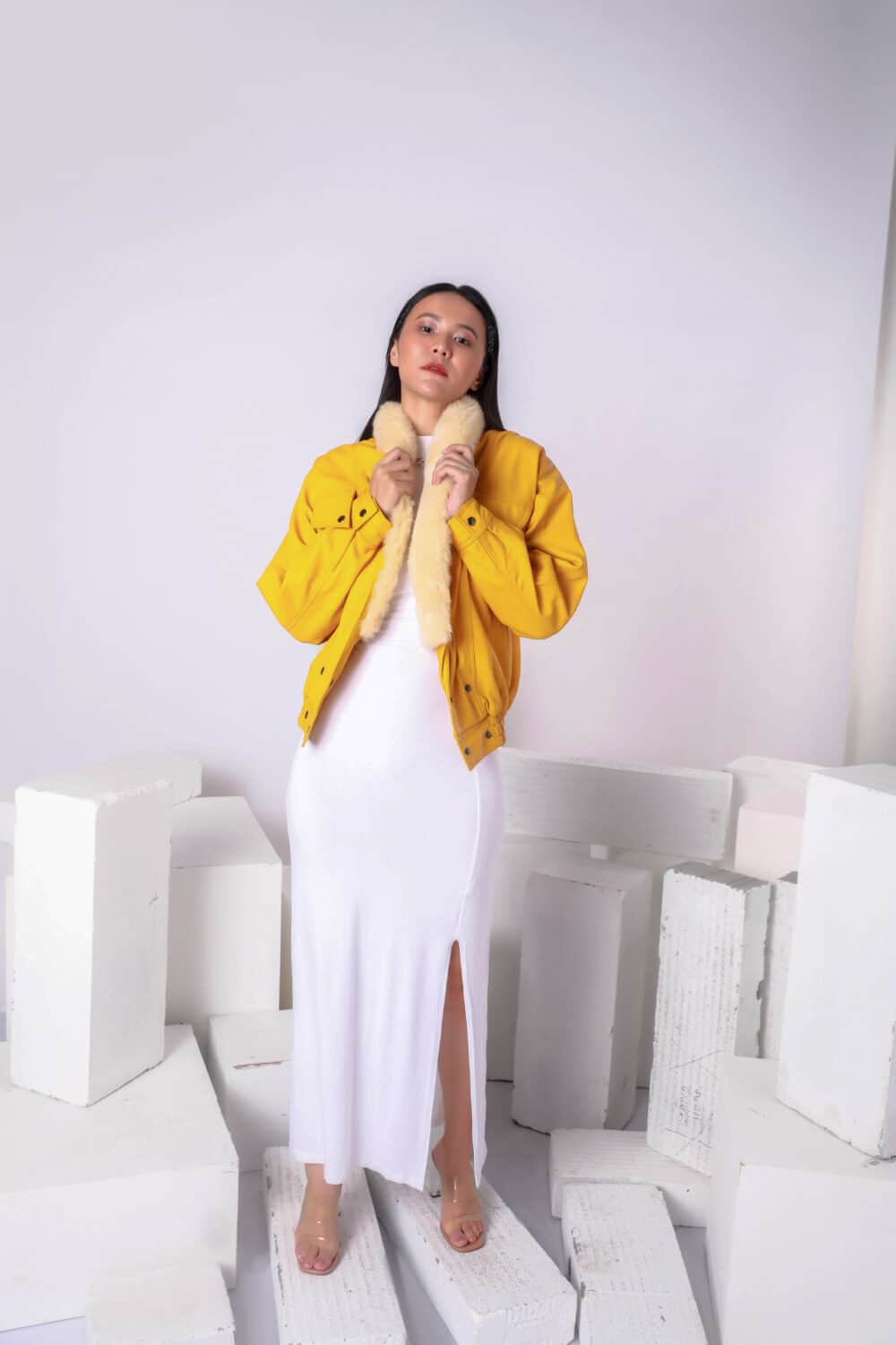HIGHBALL YELLOW BOMBER LEATHER JACKET WITH FAUX FUR LINING