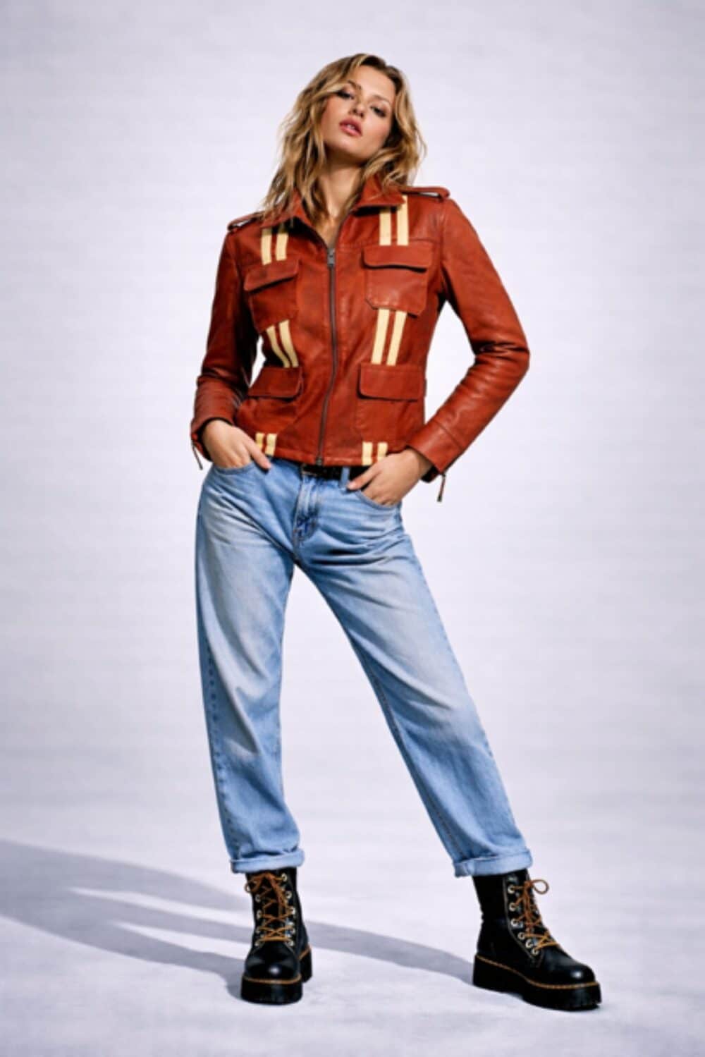 BRICK WOMEN STRIPED MOTTO LEATHER JACKET