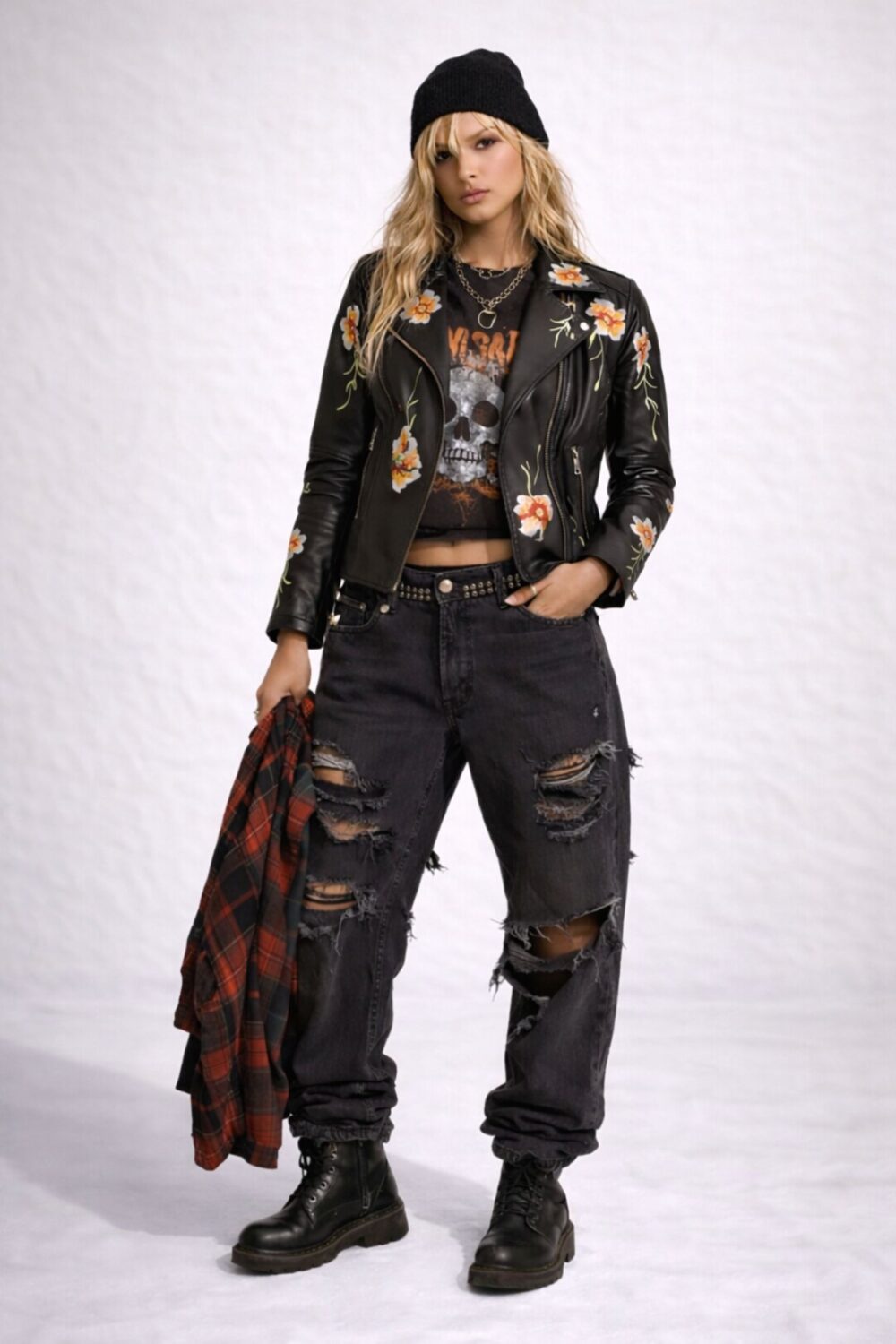 FLOWER WINE BLACK EMBROIDERED LEATHER JACKET