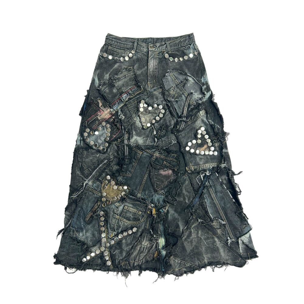 Carbon Clash Studded Upcycled Denim Skirt F