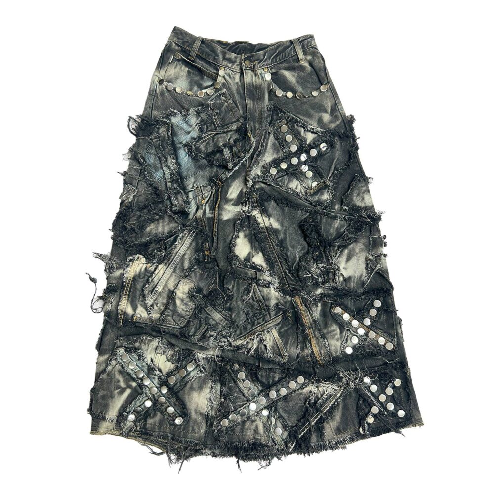Carbon Clash Studded Upcycled Denim Skirt H