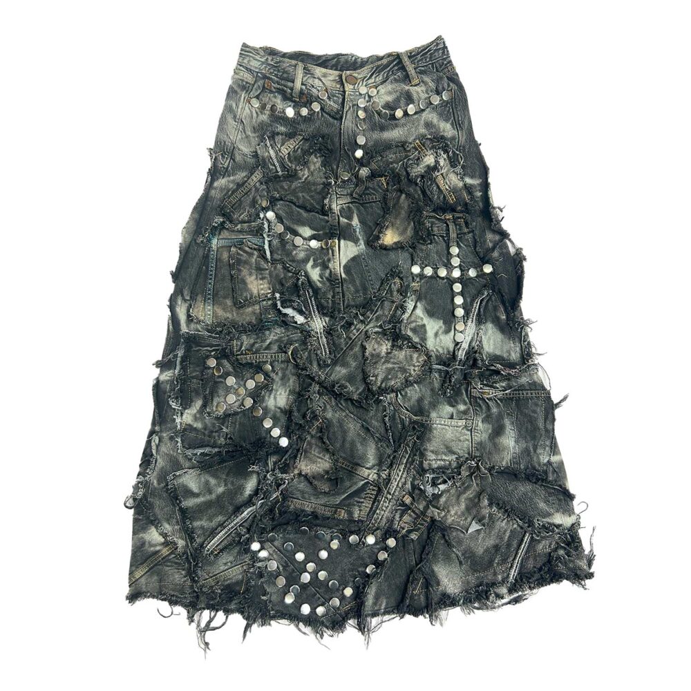 Carbon Clash Studded Upcycled Denim Skirt