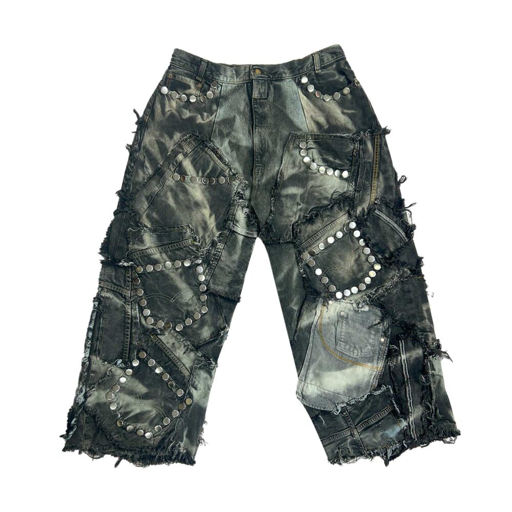 Carbon Clash Studded Upcycled Denim Pants Wide Leg A