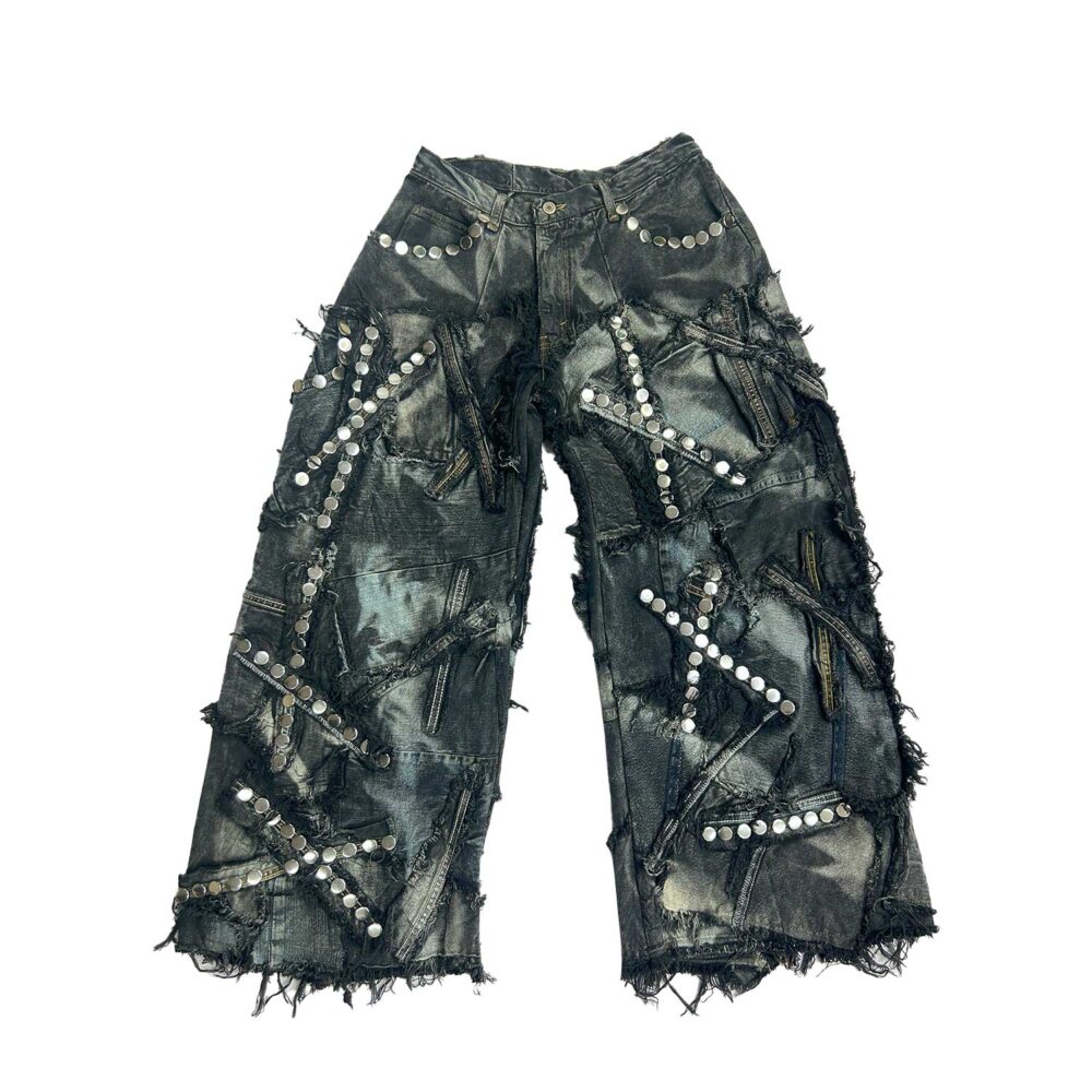 Carbon Clash Studded Upcycled Denim Pants Wide Leg