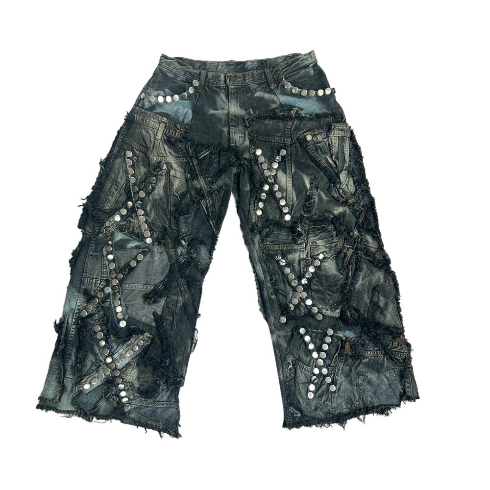 Carbon Clash Studded Denim Upcycled Wide Leg Pants