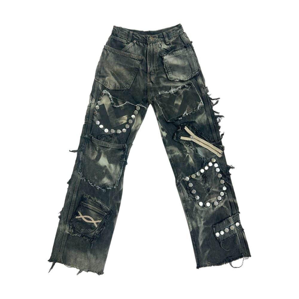 Carbon Clash Studded Denim Pants With Multiple Pockets