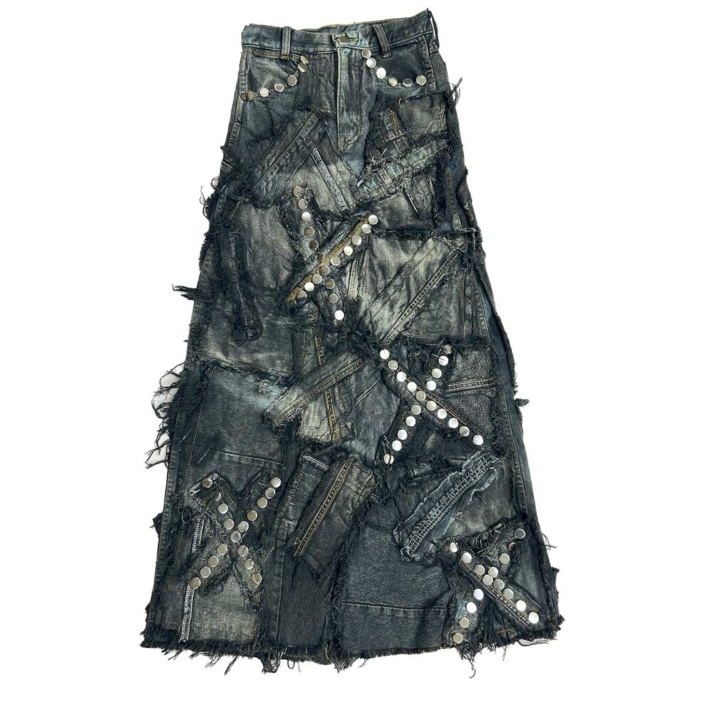 Carbon Clash Studded Upcycled Denim Skirt J