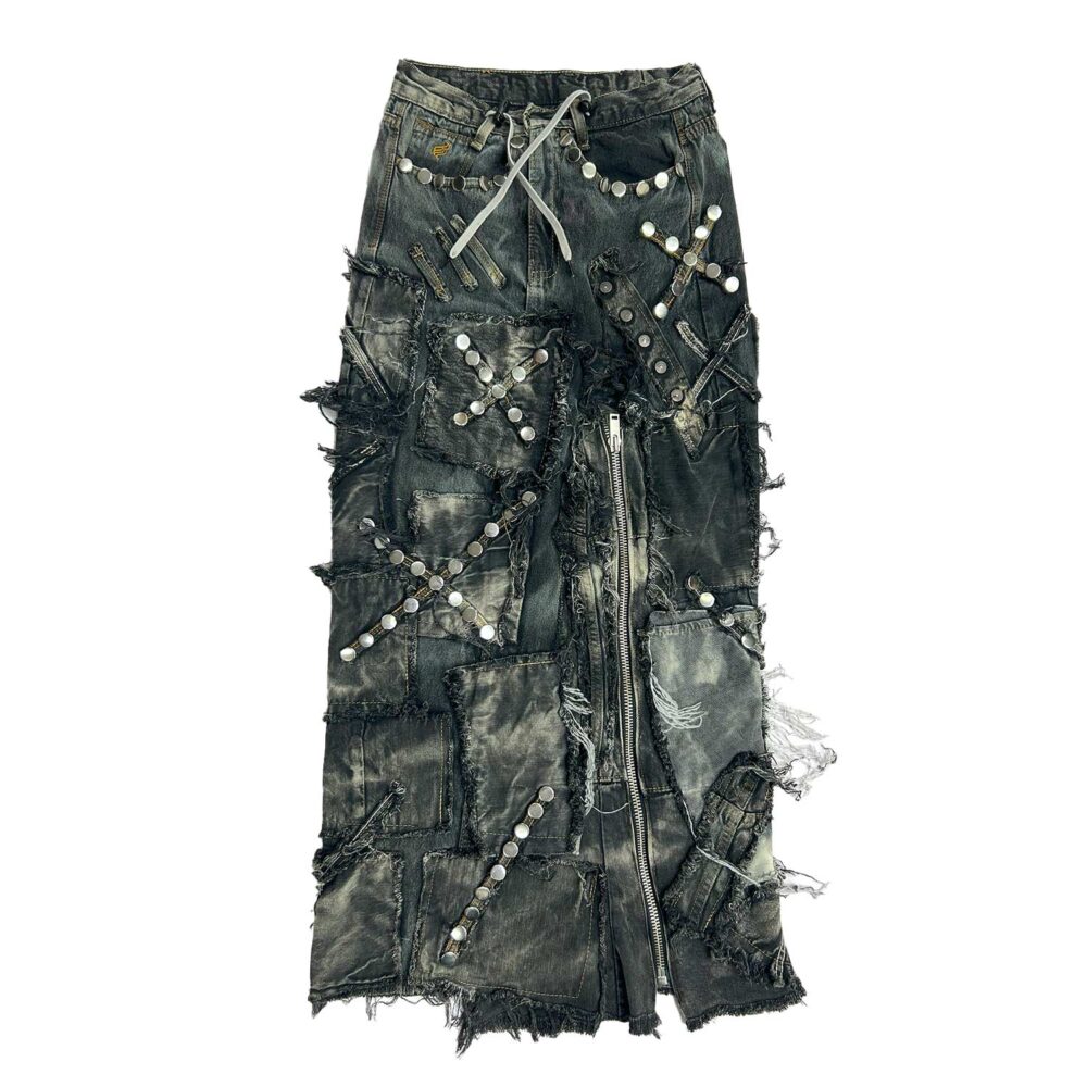 Carbon Clash Studded Upcycled Denim Skirt C
