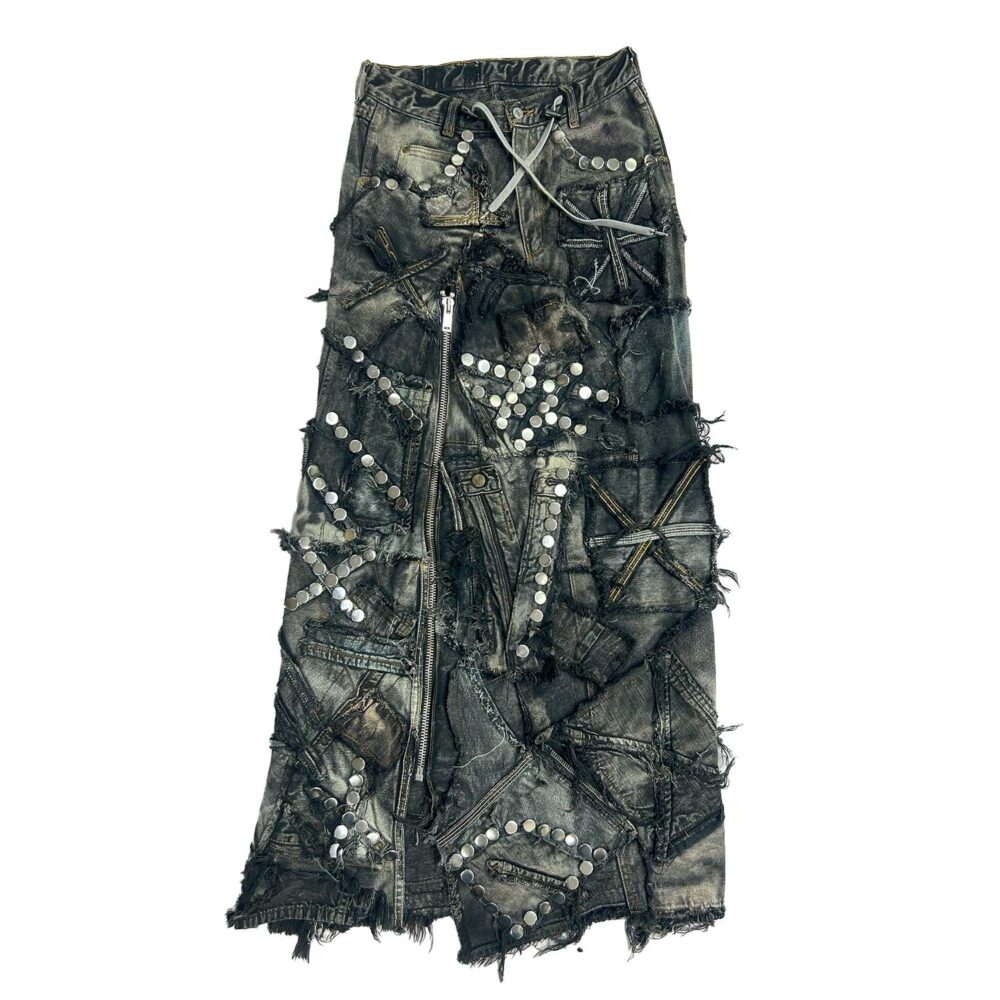 Carbon Clash Studded Upcycled Denim Skirt B
