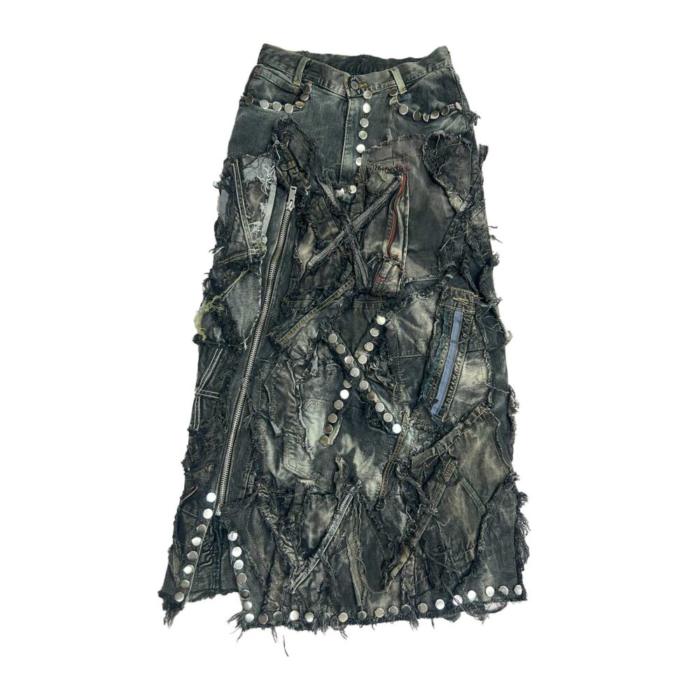 Carbon Clash Studded Upcycled Denim Skirt A