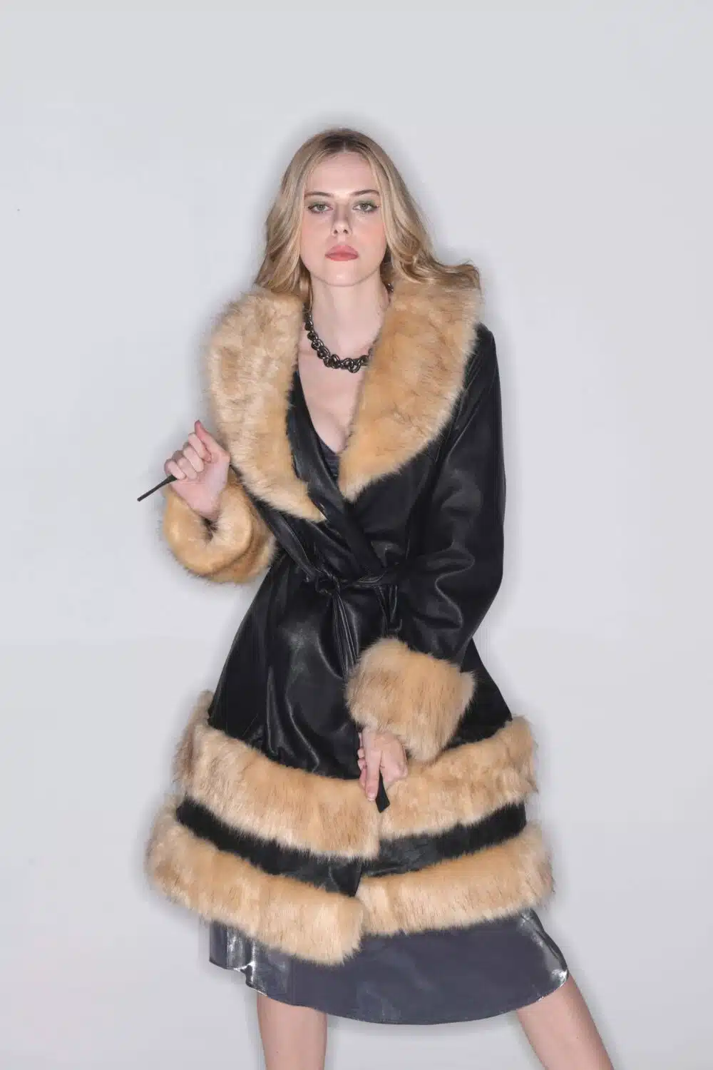 JARDESCA ROYALE BLACK LONG LEATHER COAT WITH FAUX FUR LINING